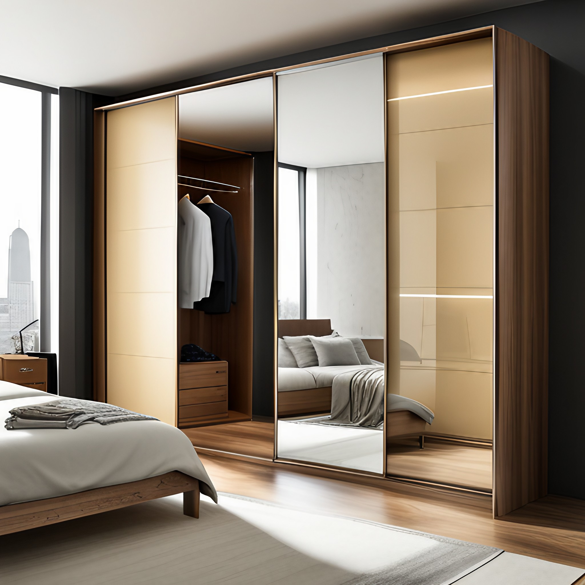 Brown Sliding Wardrobe Design With A Loft 